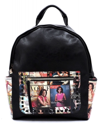 Magazine Cover Collage Whipstitch Pocket Backpack OD2739 MTBLACK